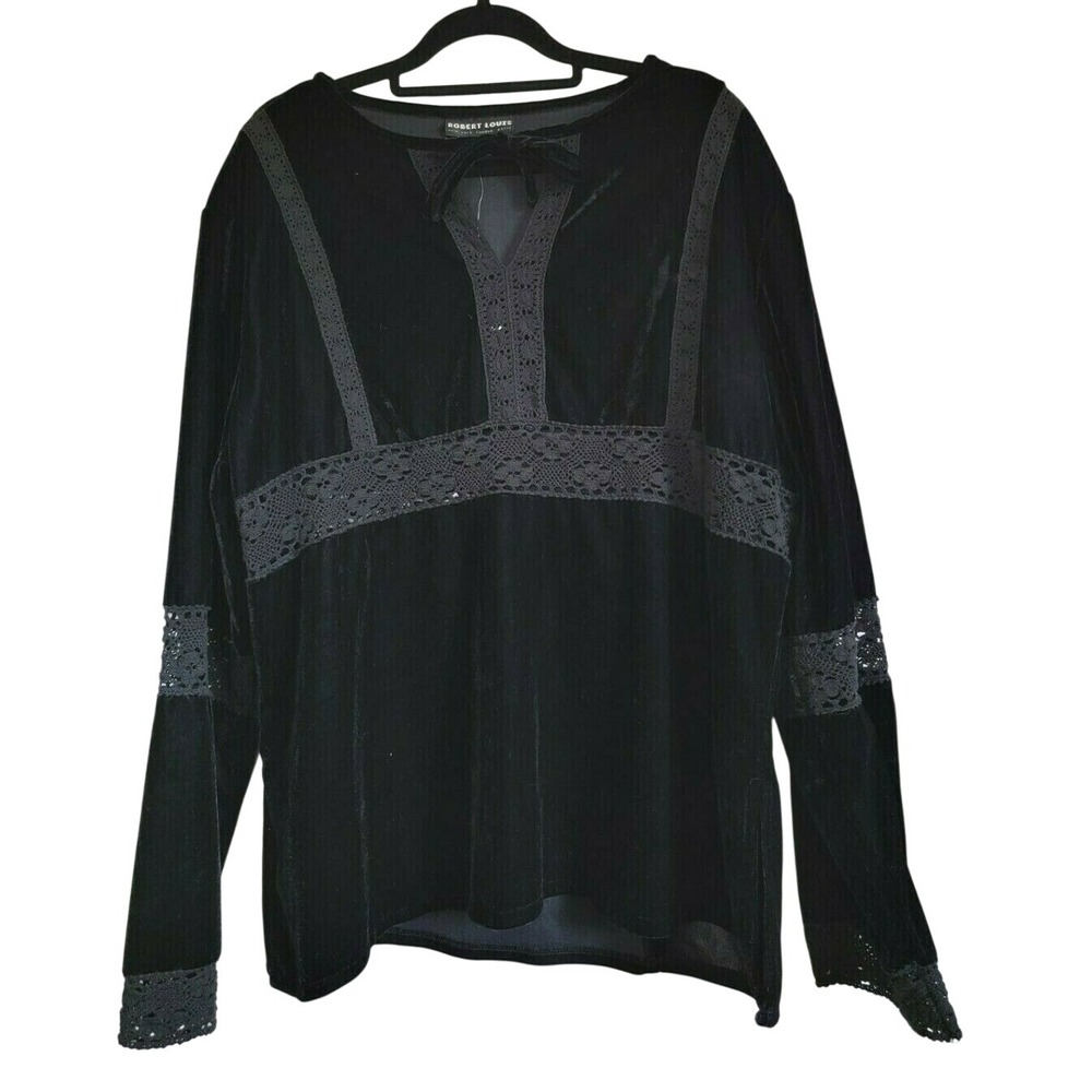 Robert Louis Women's Top X-Large Silk‎ Blend Black Velour Shirt L/S NWT